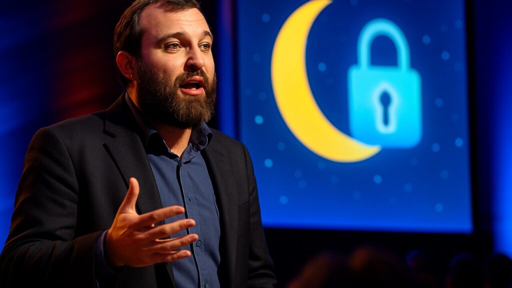 Charles Hoskinson spreekt op een podium over privacyproject Midnight met een scherm met maan en slotsymbool op de achtergrond