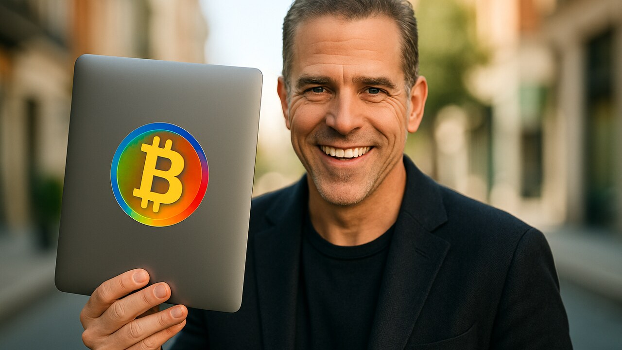 Hunter Biden houdt lachend een laptop omhoog, verwijzend naar zijn nieuwe LAPTOP meme coin