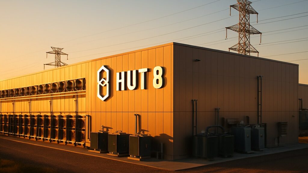 Extern aanzicht van een groot datacenter met stroominfrastructuur en het Hut 8-logo op de gevel