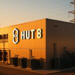 Extern aanzicht van een groot datacenter met stroominfrastructuur en het Hut 8-logo op de gevel