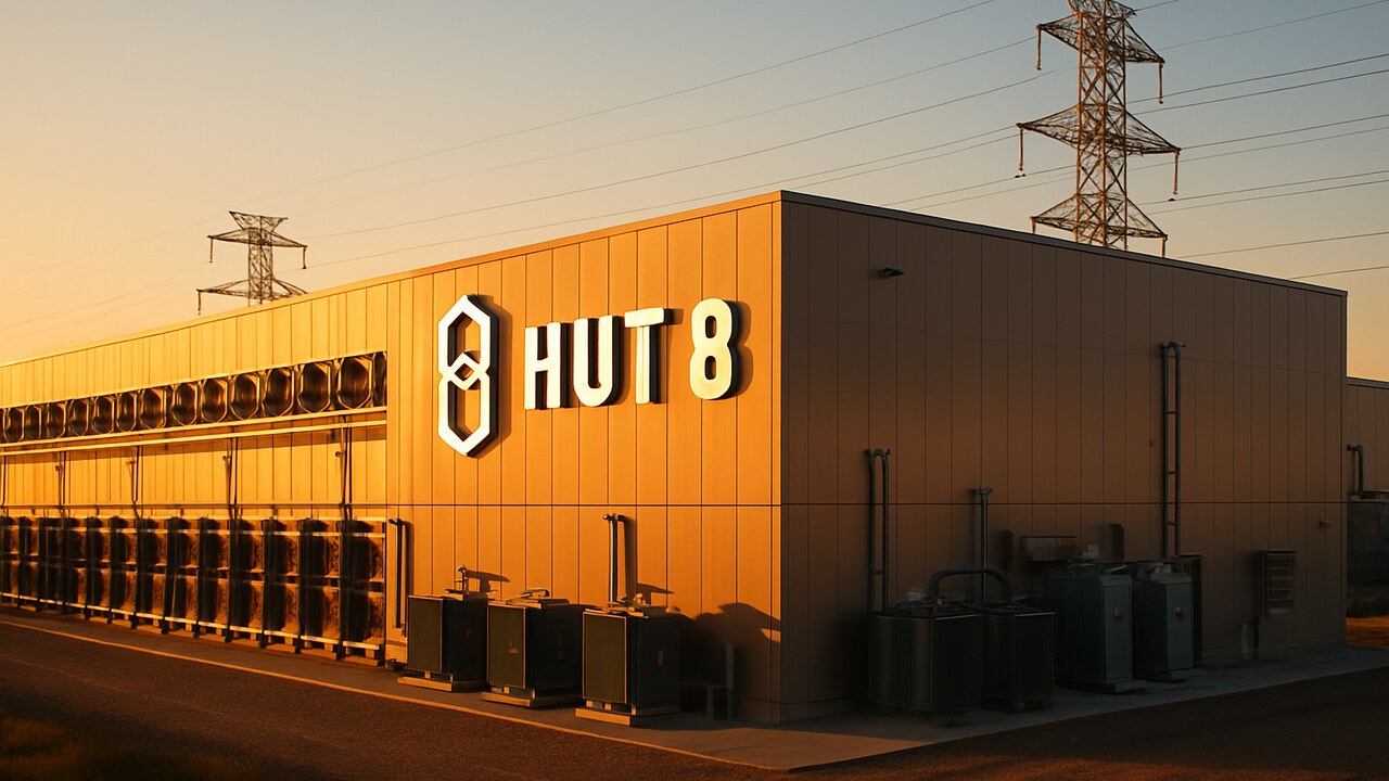 Extern aanzicht van een groot datacenter met stroominfrastructuur en het Hut 8-logo op de gevel