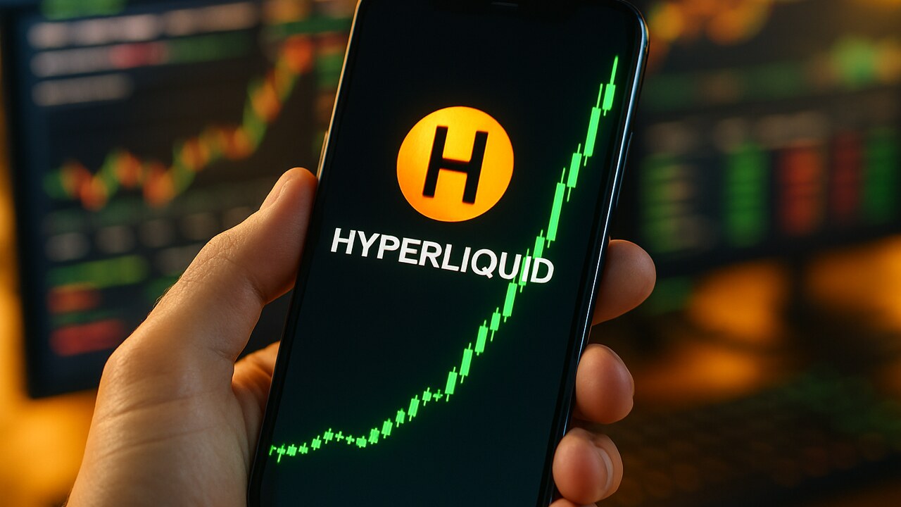 Telefoon met een stijgende groene grafiek en het Hyperliquid HYPE-logo
