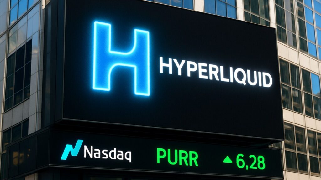 Hyperliquid-logo op een groot buitenscherm bij een beursgebouw met een oplopende koersticker