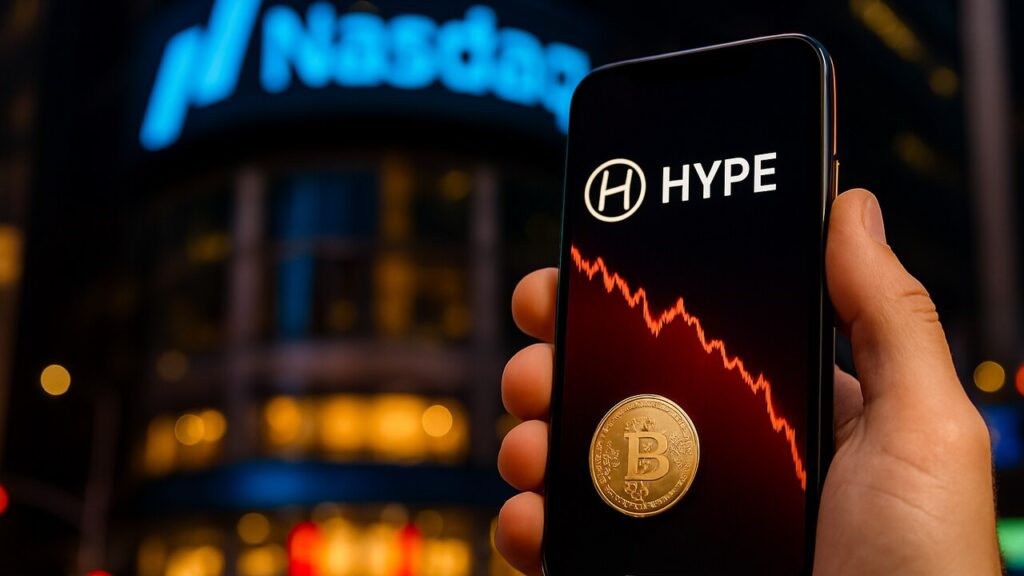 Smartphone met een dalende rode HYPE-koersgrafiek en het Hyperliquid-logo, met op de achtergrond een Nasdaq-tickerbord