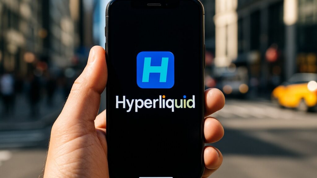 Smartphone met het Hyperliquid-logo prominent op het scherm, vastgehouden op straat