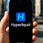 Smartphone met het Hyperliquid-logo prominent op het scherm, vastgehouden op straat