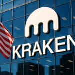 Het Kraken-logo op een gebouw met een Amerikaanse vlag ernaast, symbool voor Hyperliquid's stap naar de VS