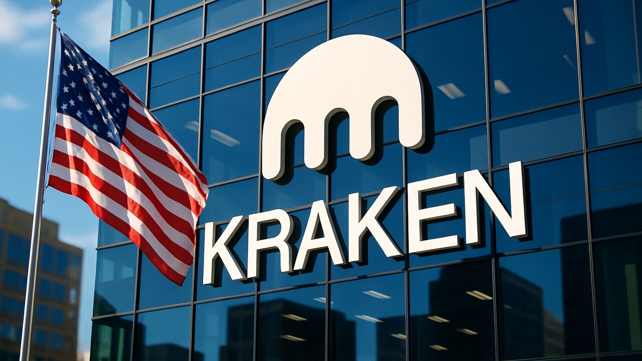 Het Kraken-logo op een gebouw met een Amerikaanse vlag ernaast, symbool voor Hyperliquid's stap naar de VS