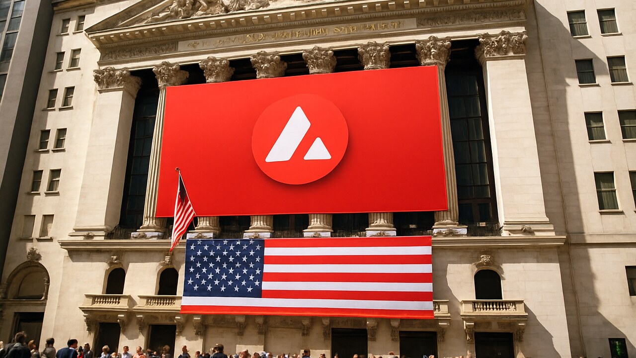 Het gebouw van de New York Stock Exchange met een groot Avalanche-logo op een digitale banner aan de gevel