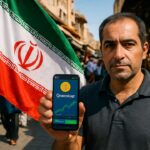 Iraanse vlag boven een levendige bazaar in Teheran, een handelaar bekijkt een crypto-app op zijn telefoon