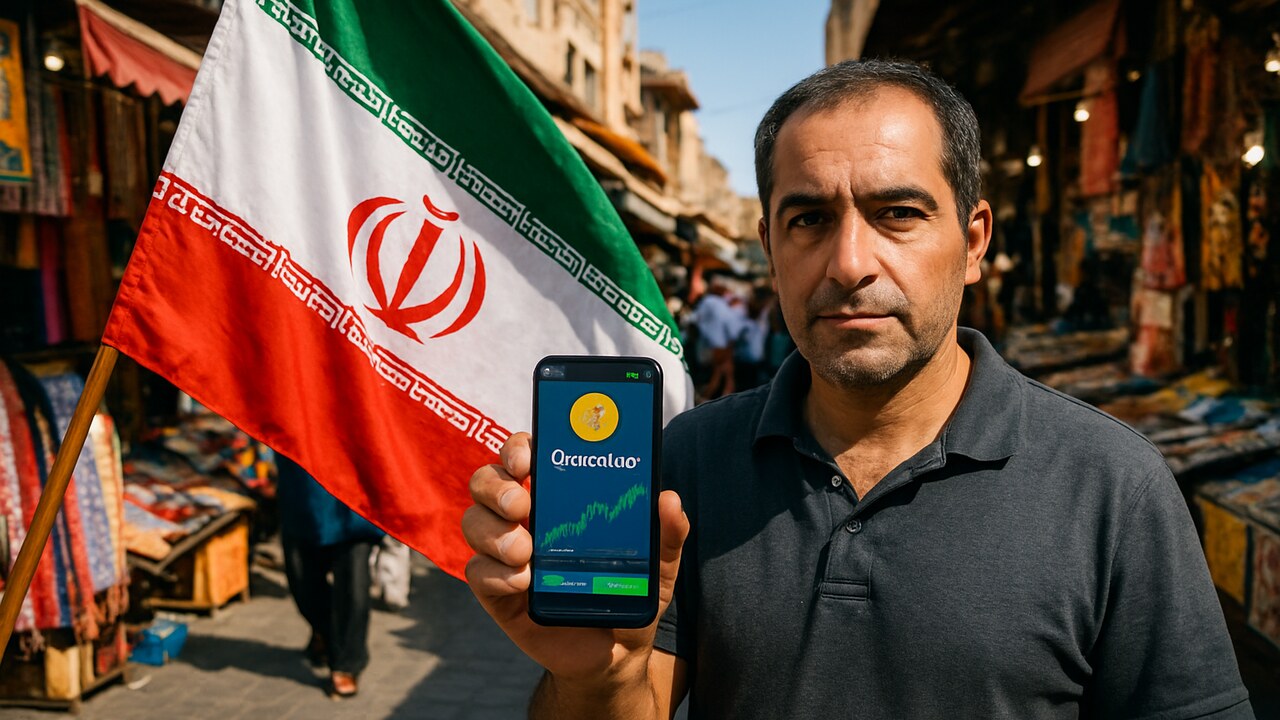 Iraanse vlag boven een levendige bazaar in Teheran, een handelaar bekijkt een crypto-app op zijn telefoon