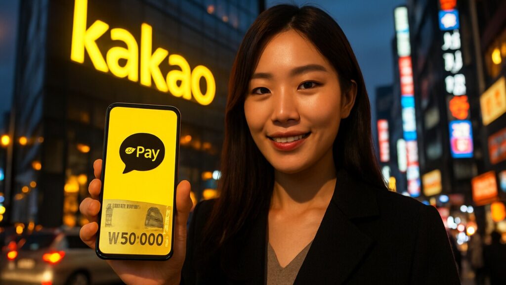 Vrouw met smartphone voor een verlicht Kakao-logo in een straat in Seoul, symbool voor de won-stablecoin