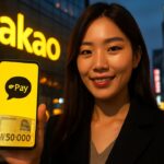 Vrouw met smartphone voor een verlicht Kakao-logo in een straat in Seoul, symbool voor de won-stablecoin