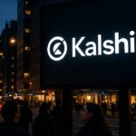 Groot Kalshi-logo op een digitaal reclamebord in een stad bij avond