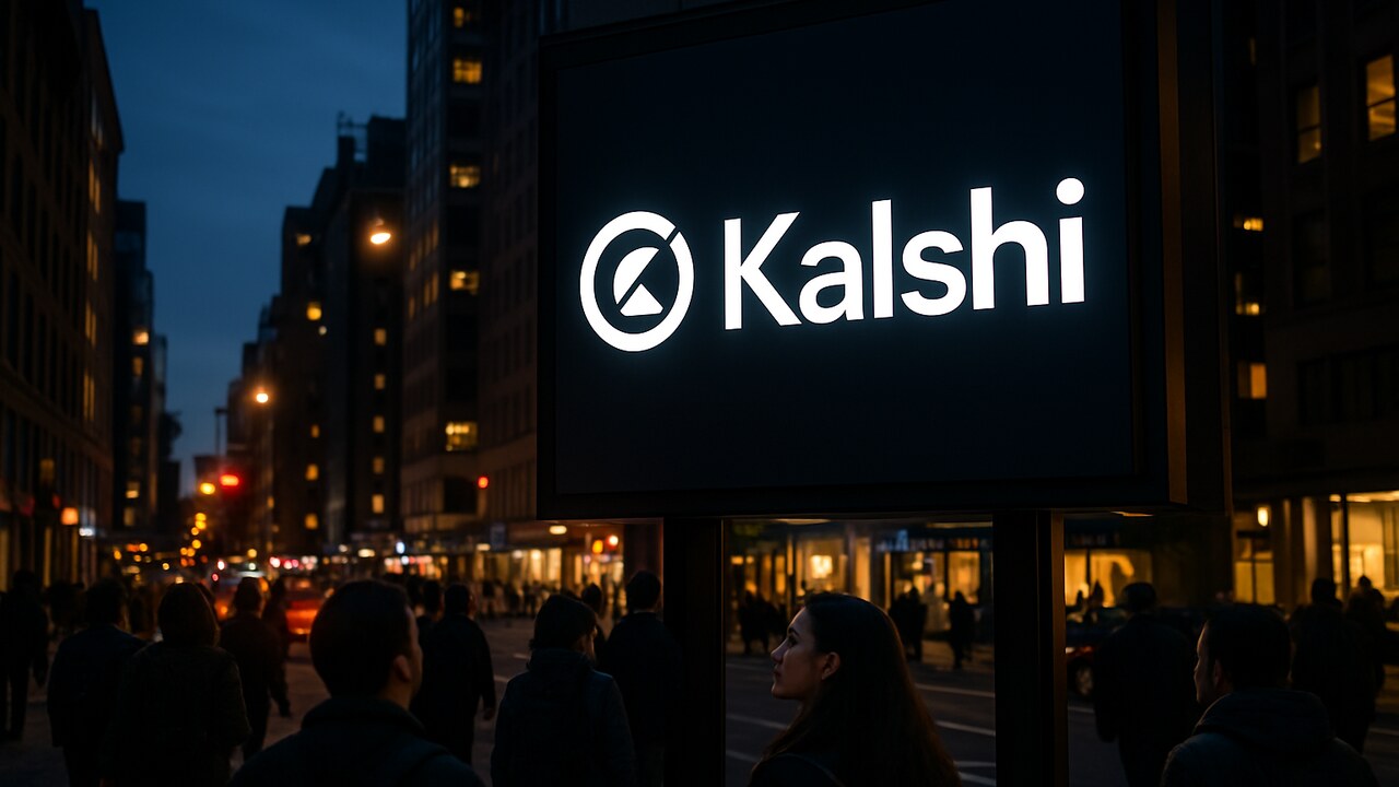 Groot Kalshi-logo op een digitaal reclamebord in een stad bij avond