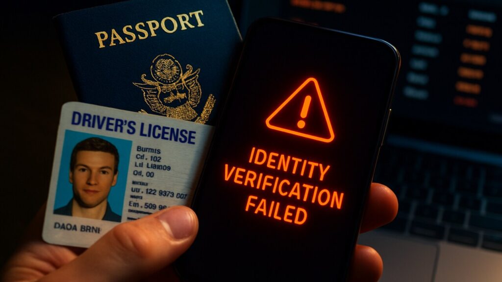 Een rijbewijs en paspoort op een telefoonscherm met een rode waarschuwing over identiteitsverificatie