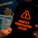 Een rijbewijs en paspoort op een telefoonscherm met een rode waarschuwing over identiteitsverificatie