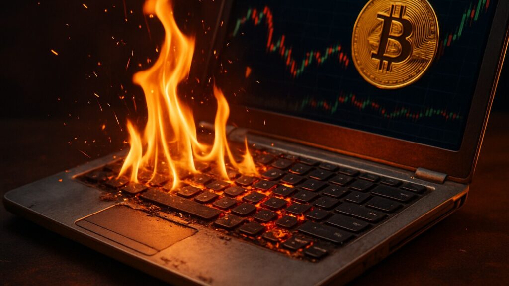 Een brandende laptop als symbool voor de verbrande LAPTOP-memecoin