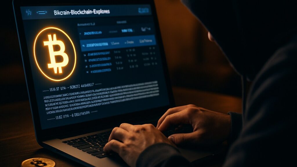 Laptopscherm met een Bitcoin-blockchainverkenner en PGP-bericht, handen op het toetsenbord