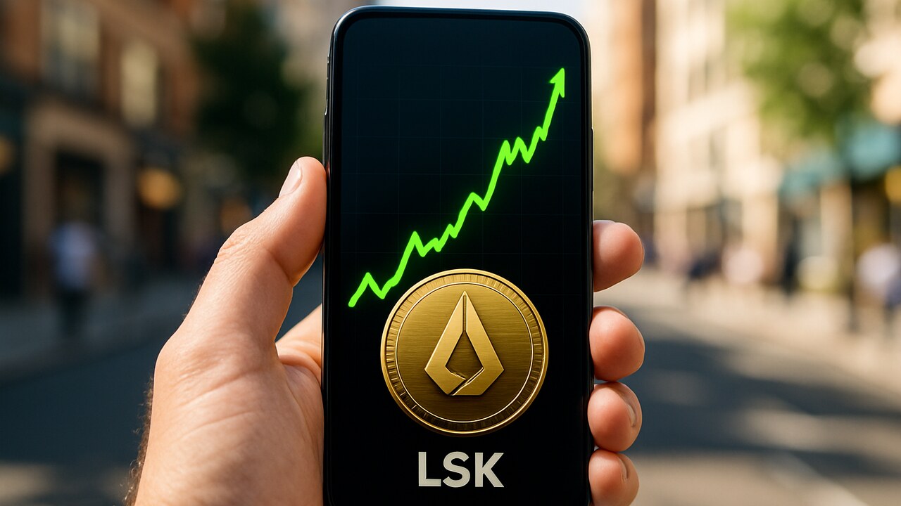 Smartphone met een steil stijgende groene koersgrafiek van Lisk in een hand op straat