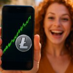 Smartphone met een stijgende groene Litecoin-grafiek en het Litecoin-logo op straat