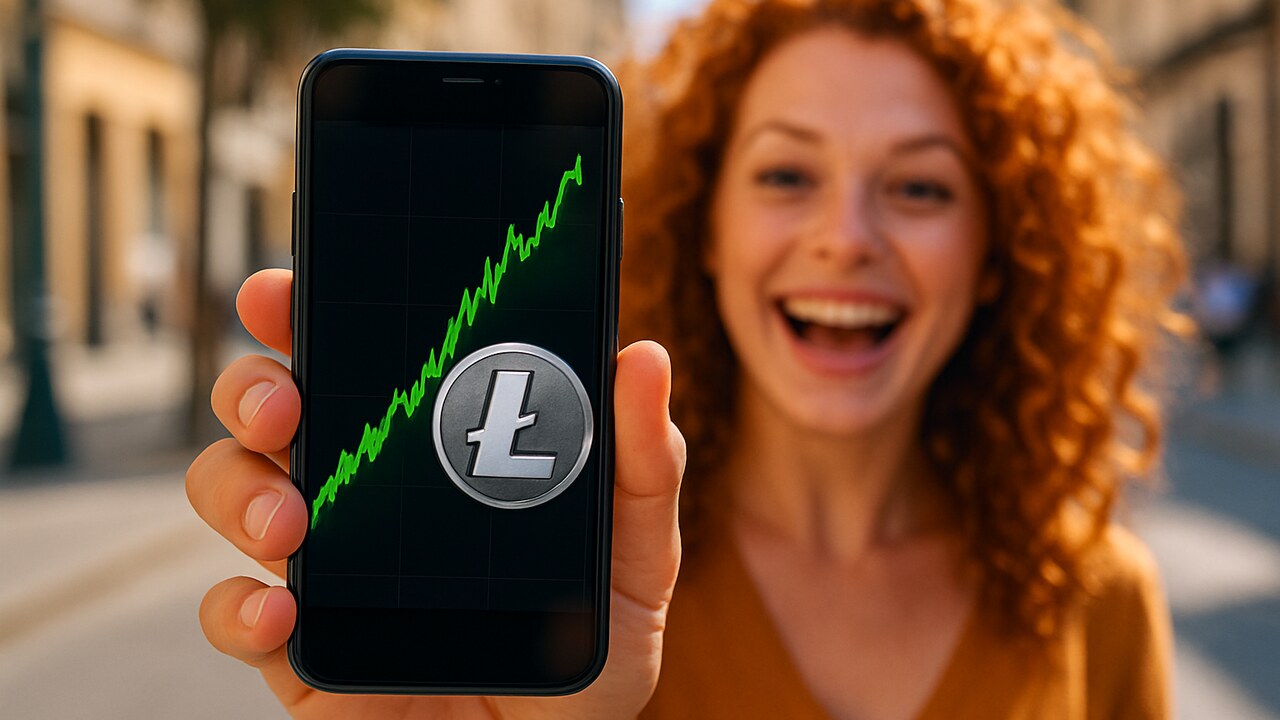Smartphone met een stijgende groene Litecoin-grafiek en het Litecoin-logo op straat