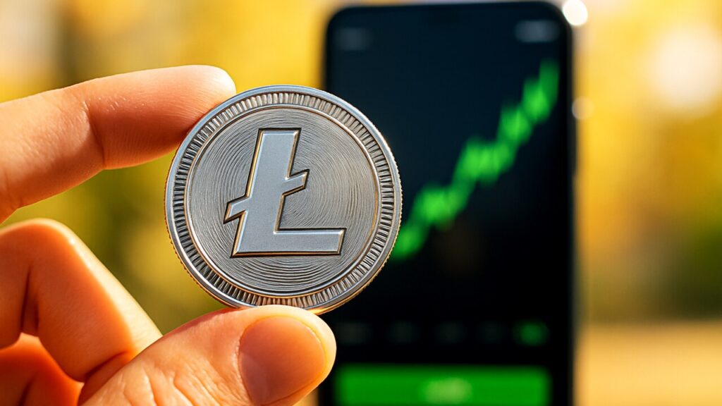 Fysieke zilveren Litecoin-munt met het L-logo, op de achtergrond een telefoon met een stijgende groene grafiek