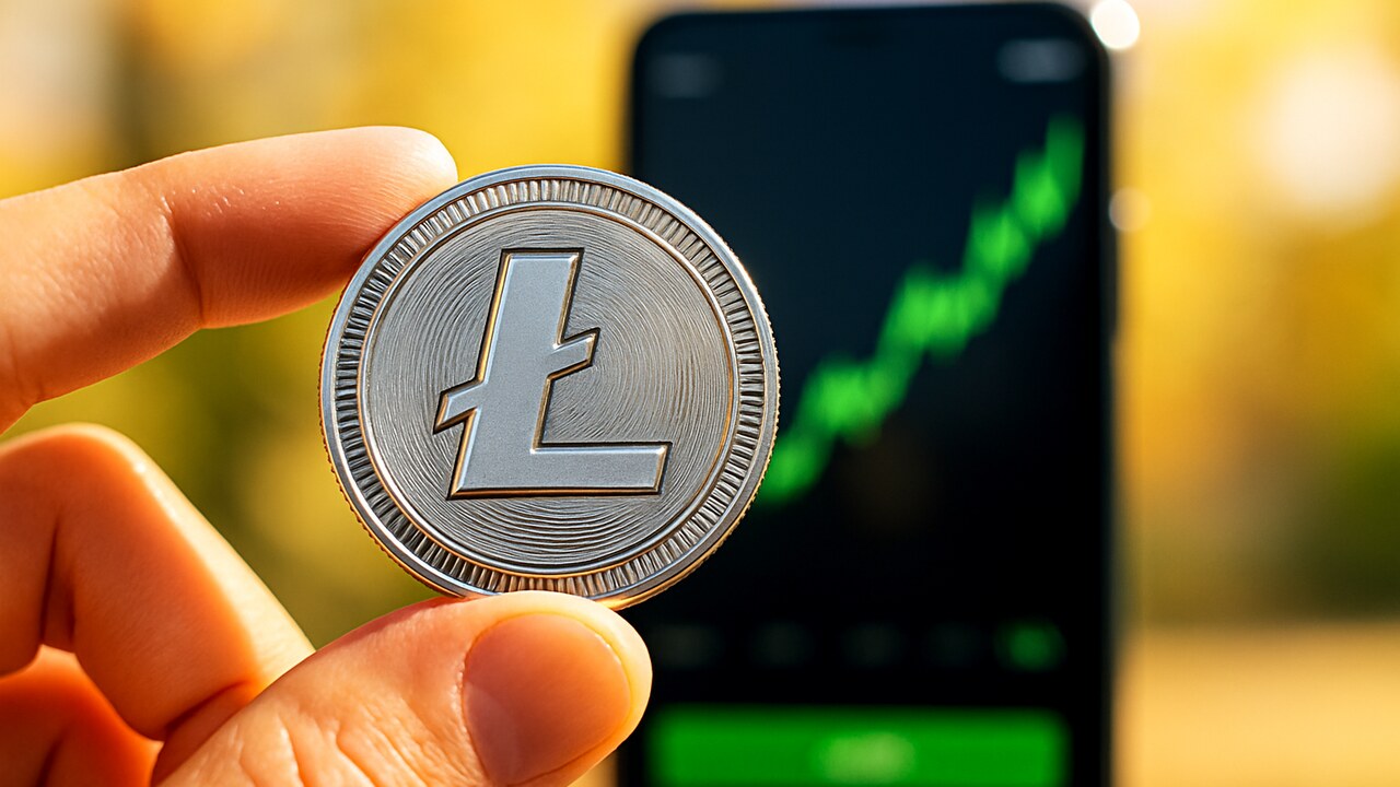 Fysieke zilveren Litecoin-munt met het L-logo, op de achtergrond een telefoon met een stijgende groene grafiek
