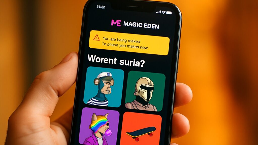 Smartphone met de Magic Eden NFT-marktplaats en een waarschuwing over kwetsbare listings