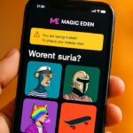 Smartphone met de Magic Eden NFT-marktplaats en een waarschuwing over kwetsbare listings