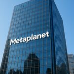 Kantoorgebouw van Metaplanet in Tokio met het logo op de gevel