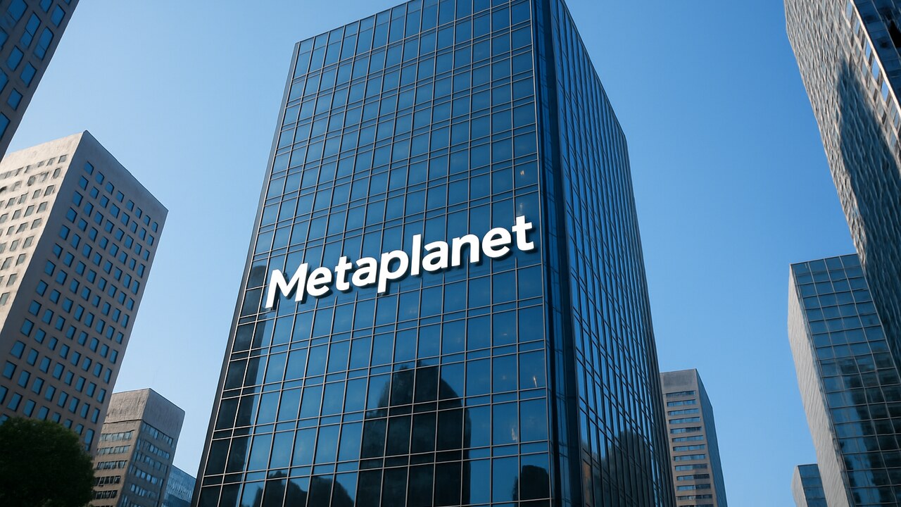 Kantoorgebouw van Metaplanet in Tokio met het logo op de gevel