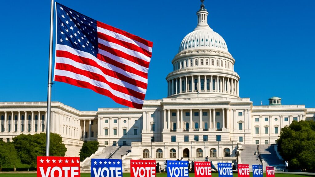 Het Capitool in Washington met een Amerikaanse vlag en rode en blauwe verkiezingsborden op het gazon