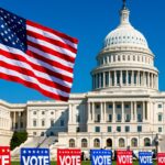 Het Capitool in Washington met een Amerikaanse vlag en rode en blauwe verkiezingsborden op het gazon