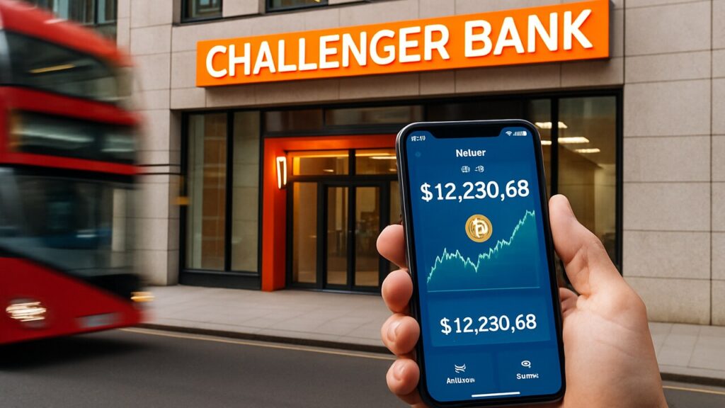 Gevel van een moderne Londense bank met een smartphone die een digitale banking-app toont