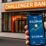 Gevel van een moderne Londense bank met een smartphone die een digitale banking-app toont