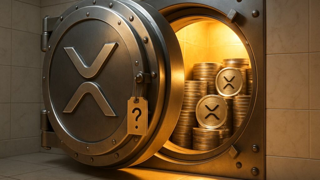 Half geopende kluisdeur met XRP-logo en stapels XRP-munten erachter, symbool voor een onbekende eigenaar van miljarden XRP