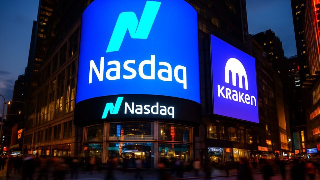 De Nasdaq MarketSite in New York met het Nasdaq-logo en een Kraken-logo op een digitaal reclamescherm