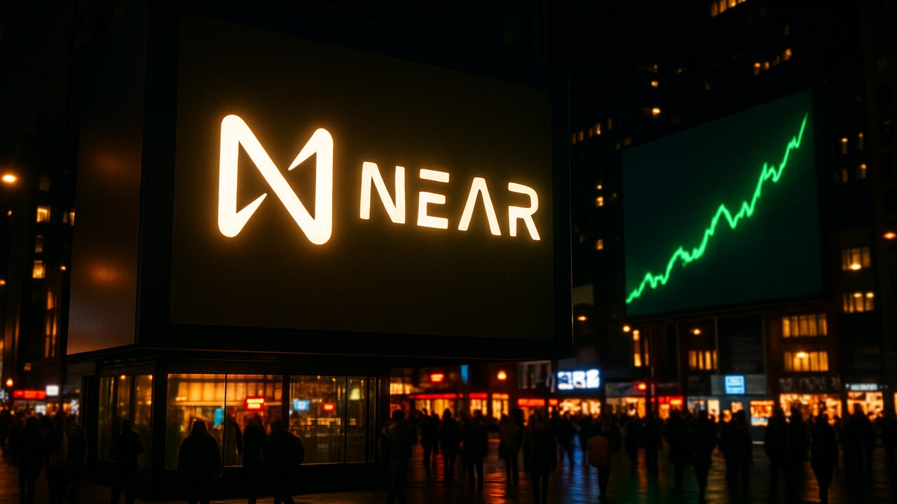 Groot NEAR Protocol-logo op een digitaal reclamebord met een stijgende groene koerslijn ernaast