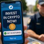 Hand met smartphone die een neppe crypto-advertentie toont, met op de achtergrond een Oekraïense politieagent