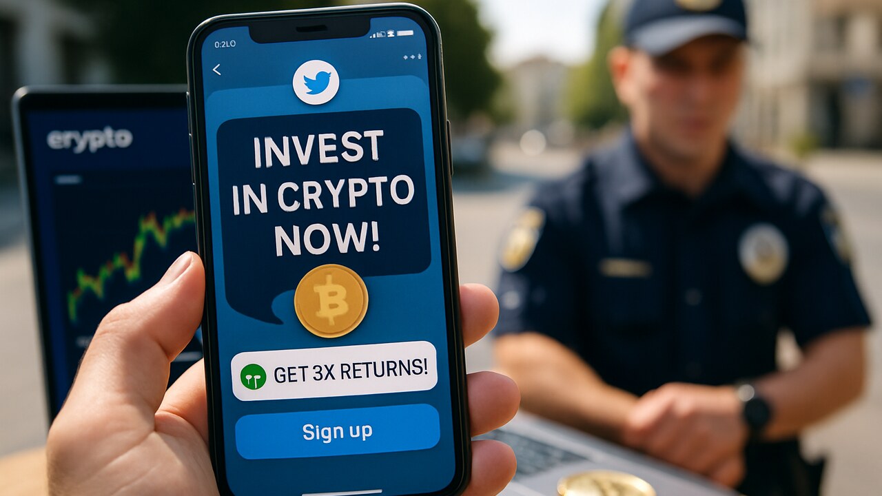 Hand met smartphone die een neppe crypto-advertentie toont, met op de achtergrond een Oekraïense politieagent