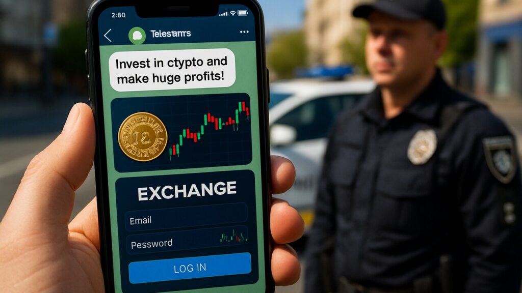 Hand met smartphone toont nep-crypto-advertentie, op de achtergrond Oekraïense politie op straat in Kyiv