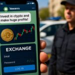 Hand met smartphone toont nep-crypto-advertentie, op de achtergrond Oekraïense politie op straat in Kyiv