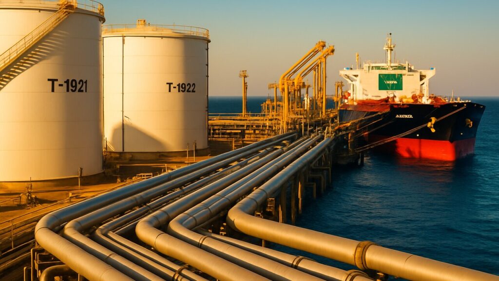 Olieterminal met opslagtanks en pijpleidingen bij een haven onder helder daglicht