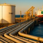 Olieterminal met opslagtanks en pijpleidingen bij een haven onder helder daglicht