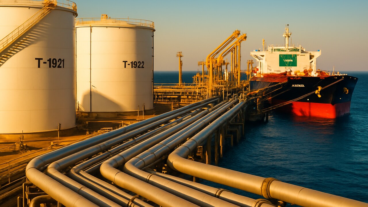 Olieterminal met opslagtanks en pijpleidingen bij een haven onder helder daglicht