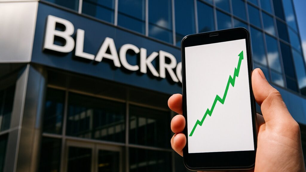 Het BlackRock-logo op een gebouwgevel met op de voorgrond een telefoon met een stijgende groene grafiek.
