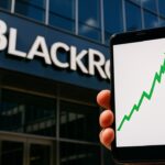 Het BlackRock-logo op een gebouwgevel met op de voorgrond een telefoon met een stijgende groene grafiek.