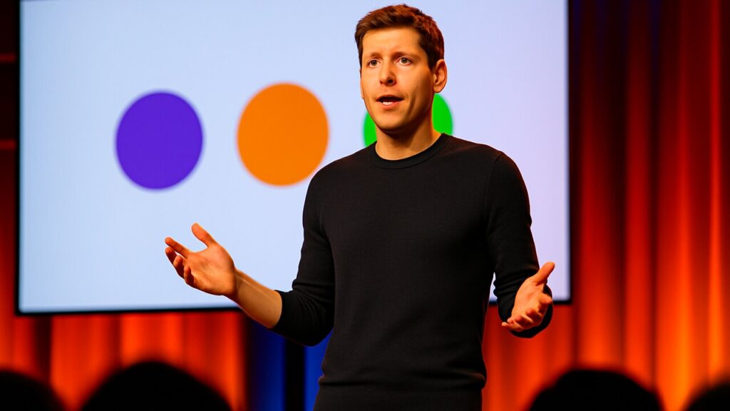Sam Altman van OpenAI presenteert op een helder verlicht podium tijdens DevDay, met drie gekleurde stippen op het scherm achter hem
