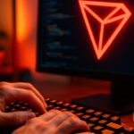 Het rode TRON-logo op een scherm terwijl een ontwikkelaar code typt